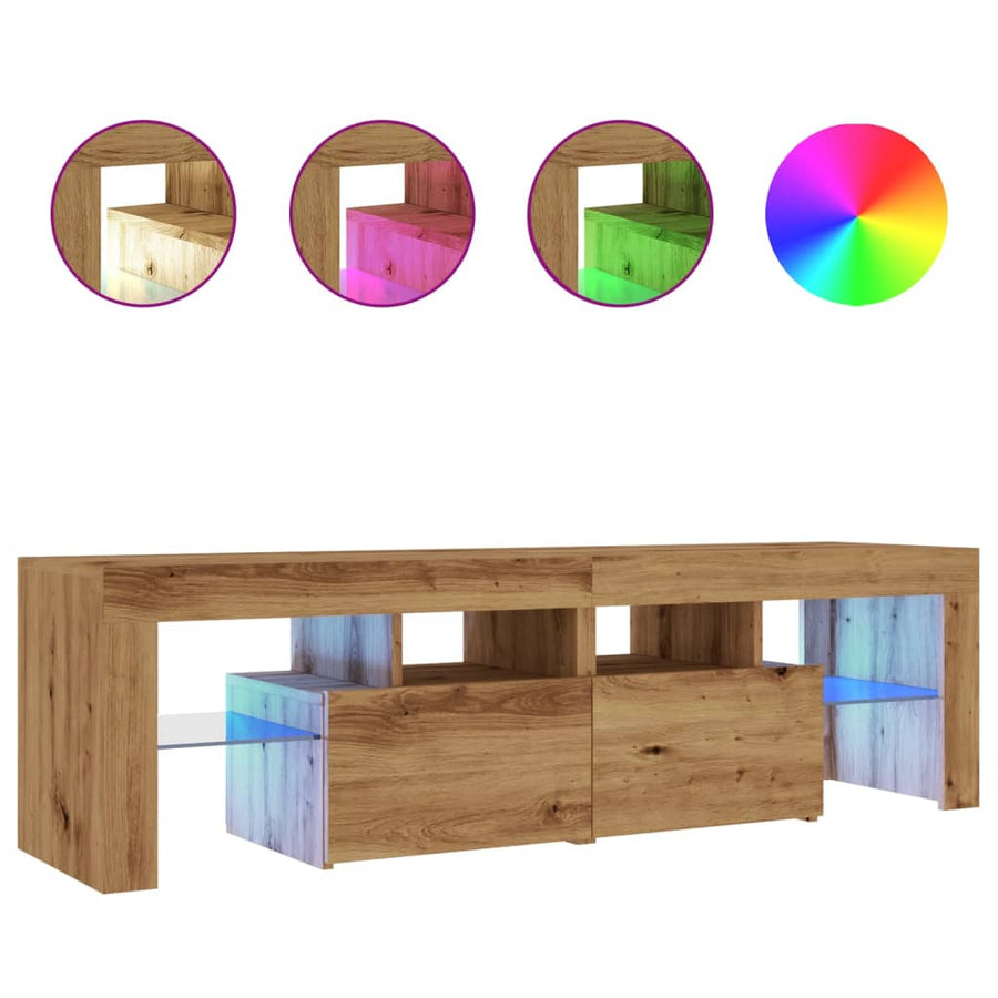 Tv-meubel met LED 140x36,5x40 cm bewerkt hout artisanaal eiken