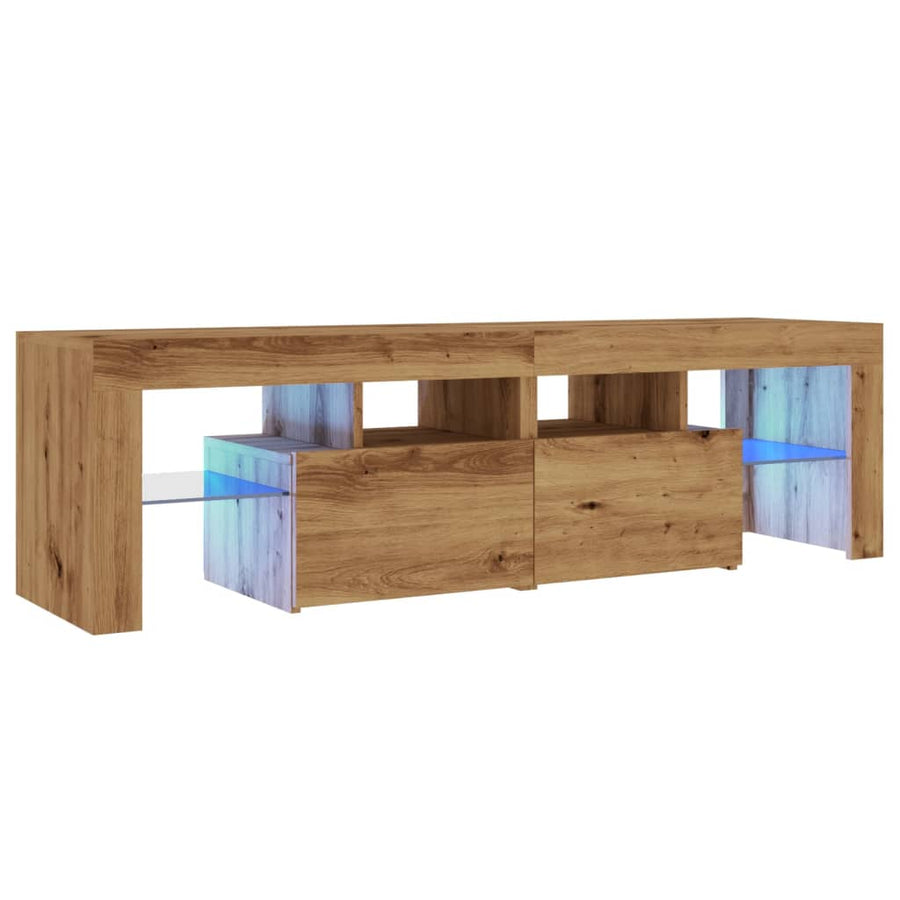 Tv-meubel met LED 140x36,5x40 cm bewerkt hout artisanaal eiken