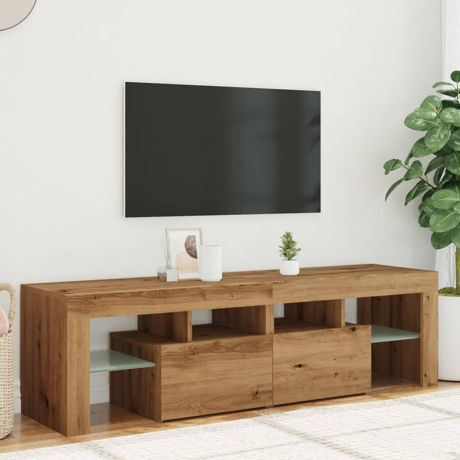 Tv-meubel met LED 140x36,5x40 cm bewerkt hout artisanaal eiken