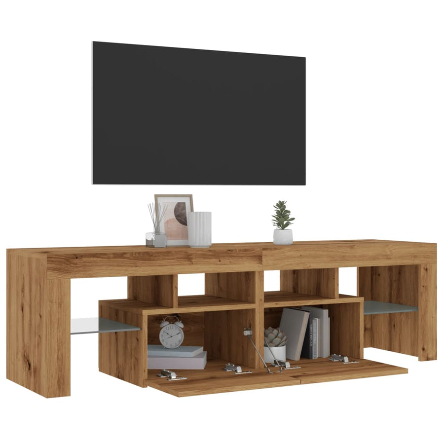 Tv-meubel met LED 140x36,5x40 cm bewerkt hout artisanaal eiken