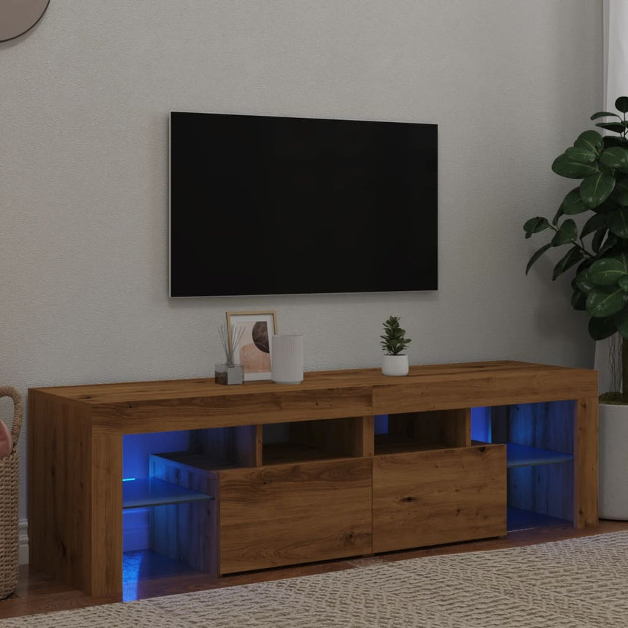 Tv-meubel met LED 140x36,5x40 cm bewerkt hout artisanaal eiken