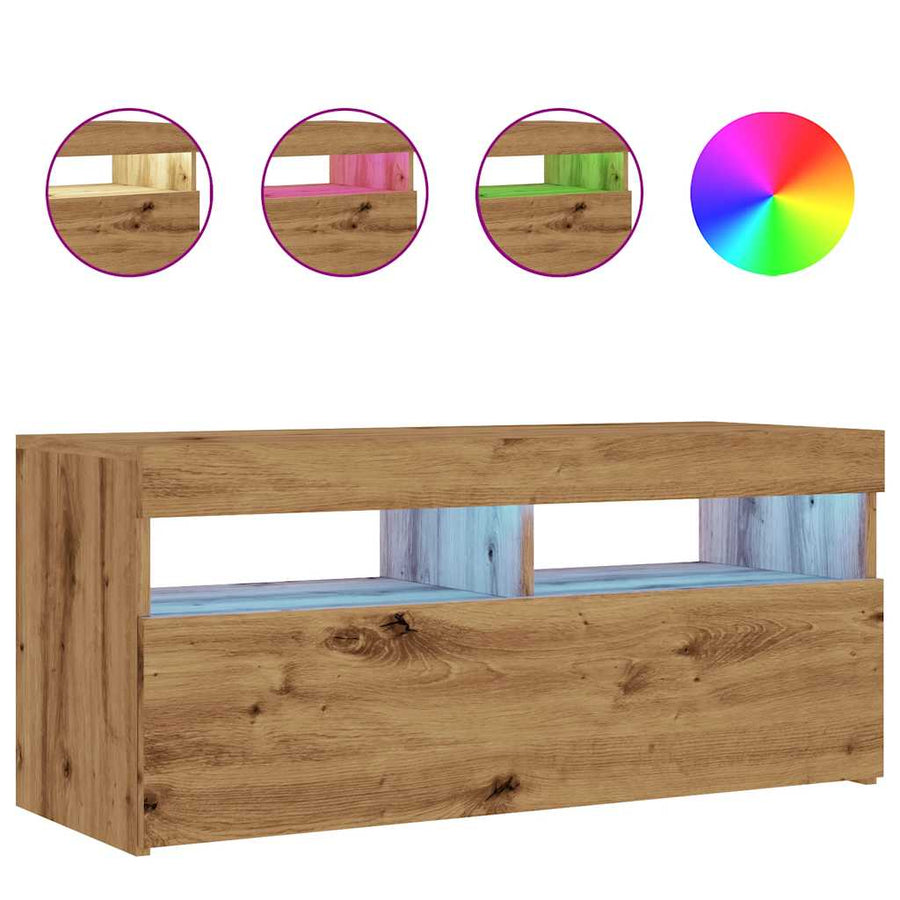Tv-meubel met LED 90x35x40 cm bewerkt hout artisanaal eiken