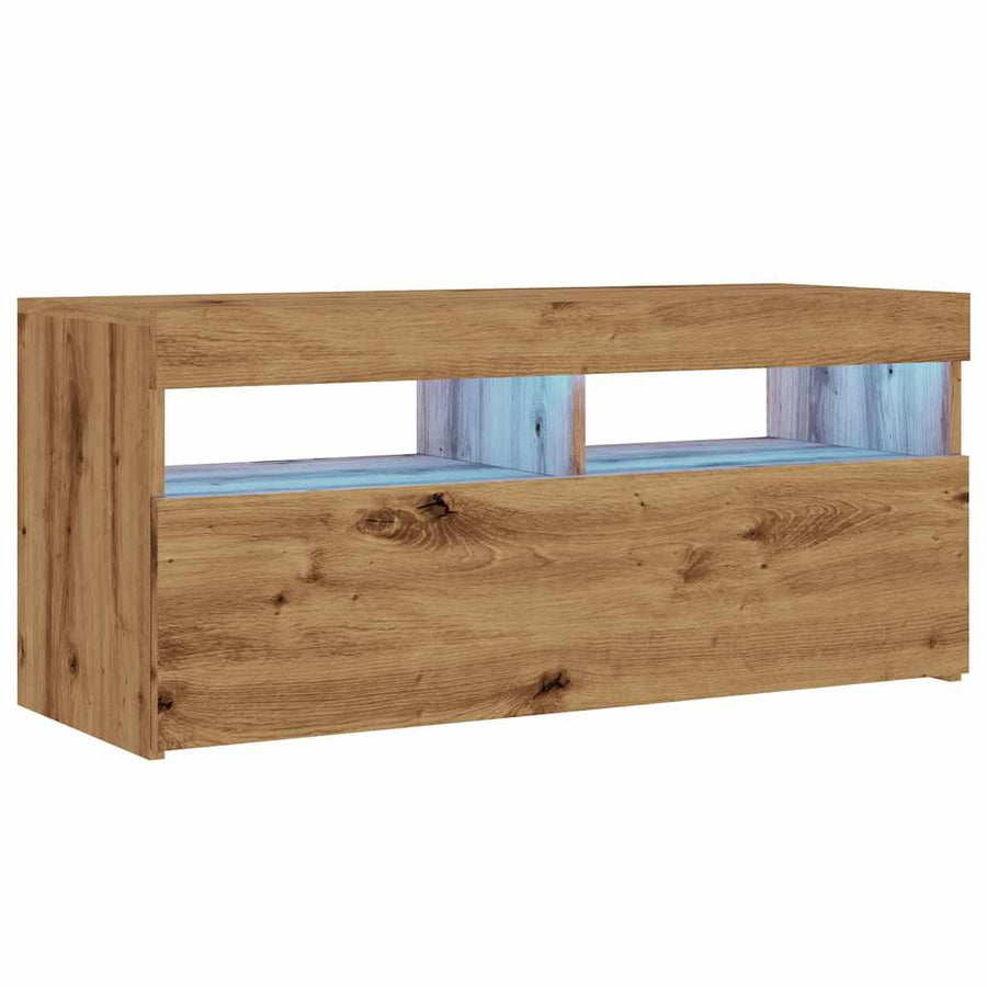 Tv-meubel met LED 90x35x40 cm bewerkt hout artisanaal eiken