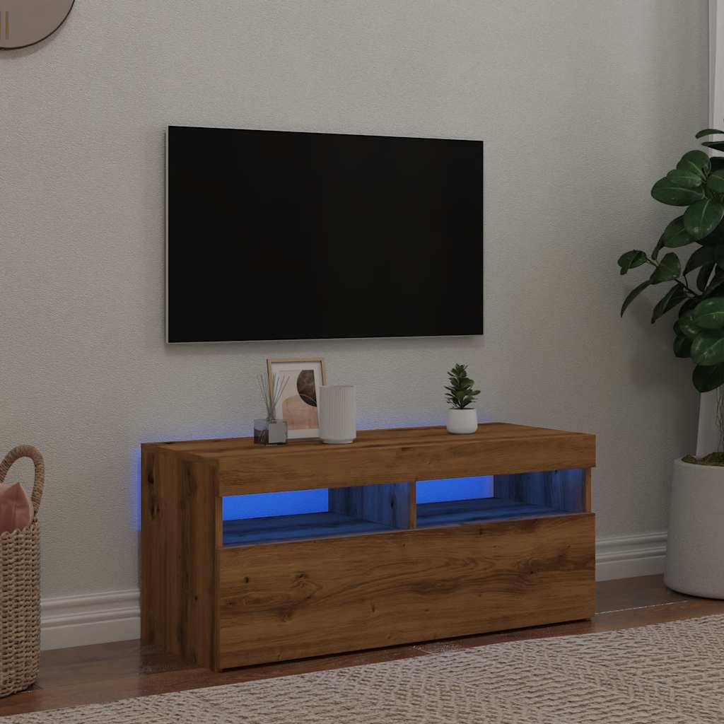 Tv-meubel met LED 90x35x40 cm bewerkt hout artisanaal eiken