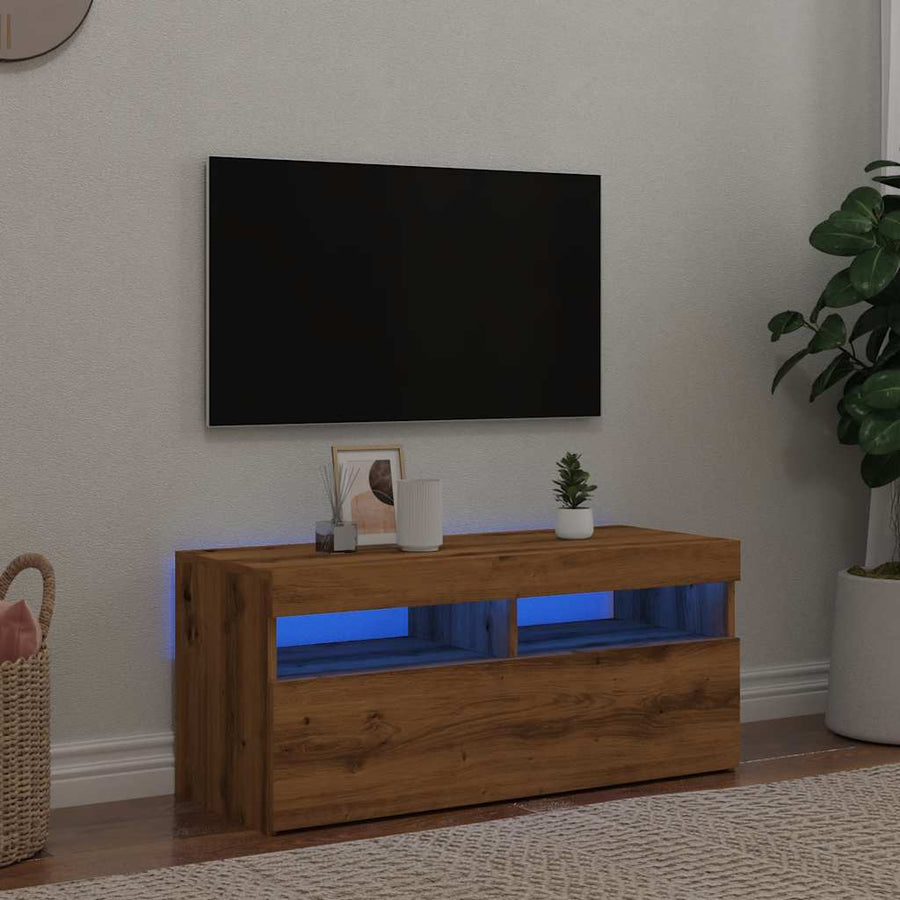 Tv-meubel met LED 90x35x40 cm bewerkt hout artisanaal eiken