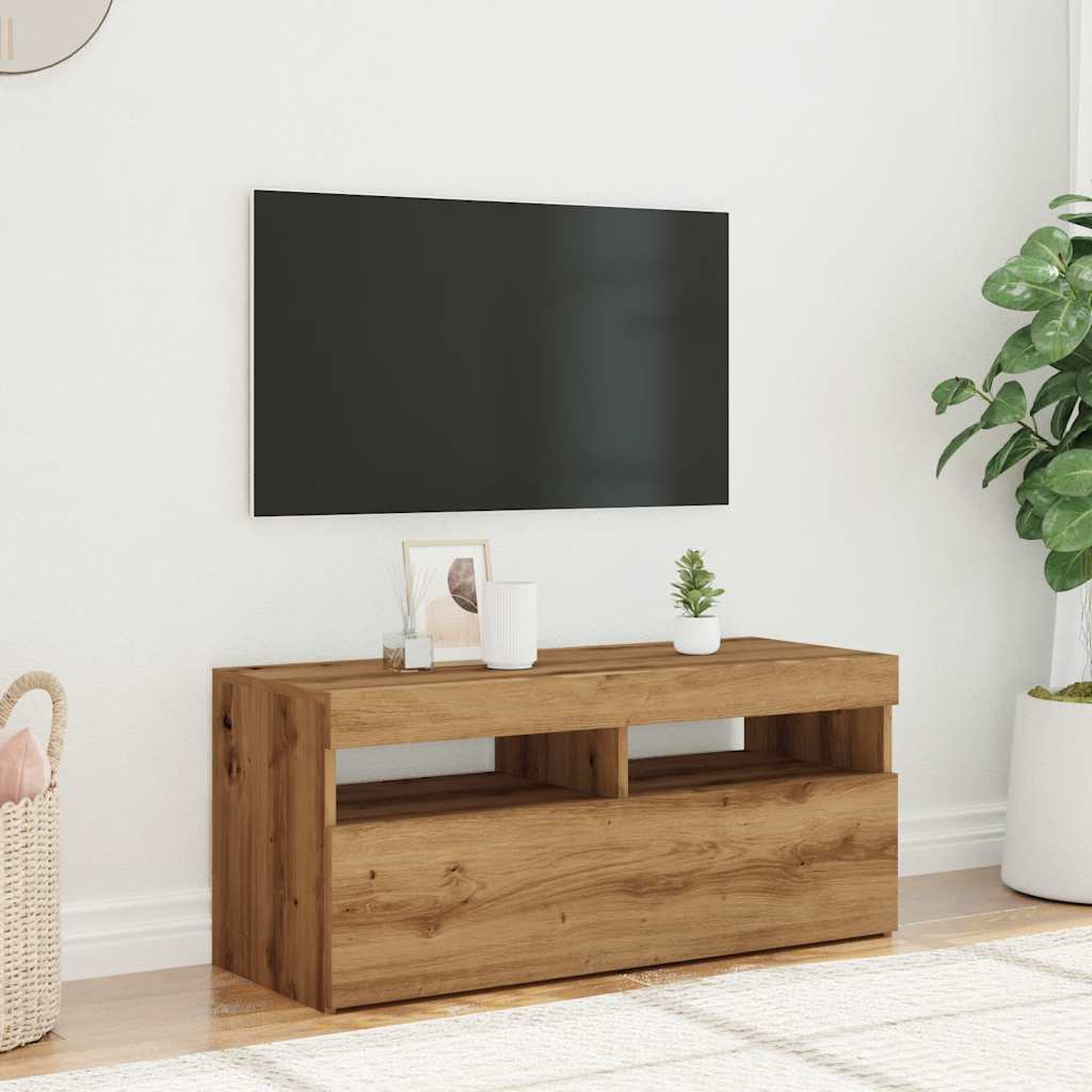Tv-meubel met LED 90x35x40 cm bewerkt hout artisanaal eiken