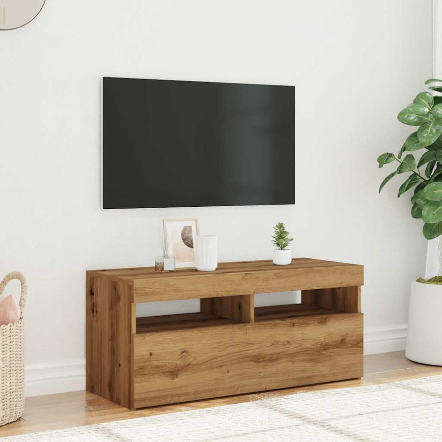 Tv-meubel met LED 90x35x40 cm bewerkt hout artisanaal eiken