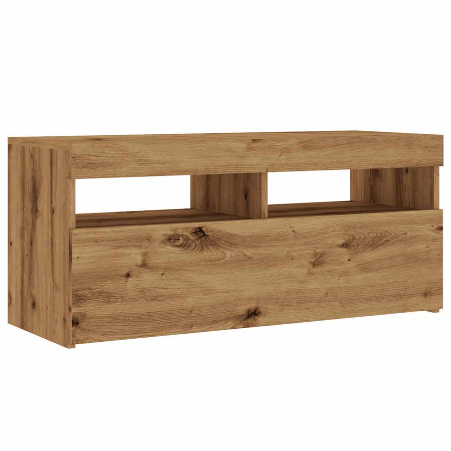 Tv-meubel met LED 90x35x40 cm bewerkt hout artisanaal eiken