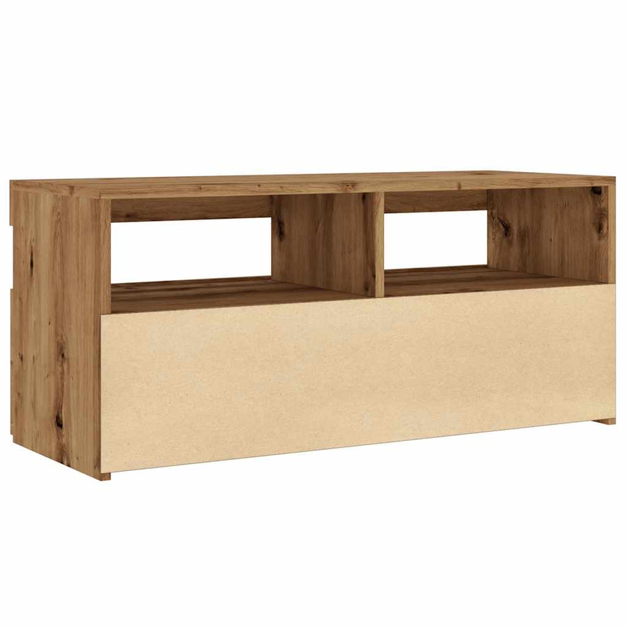 Tv-meubel met LED 90x35x40 cm bewerkt hout artisanaal eiken