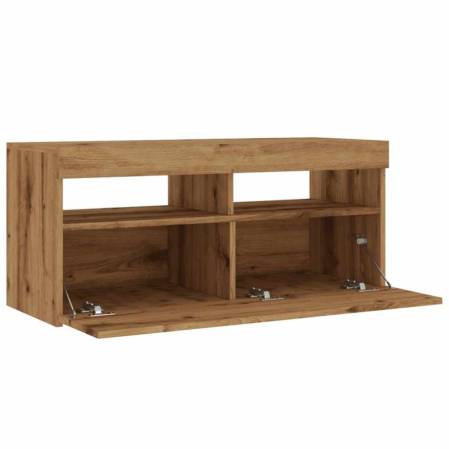 Tv-meubel met LED 90x35x40 cm bewerkt hout artisanaal eiken