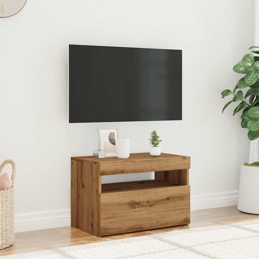 Tv-meubel met LED 60x35x40 cm bewerkt hout artisanaal eiken