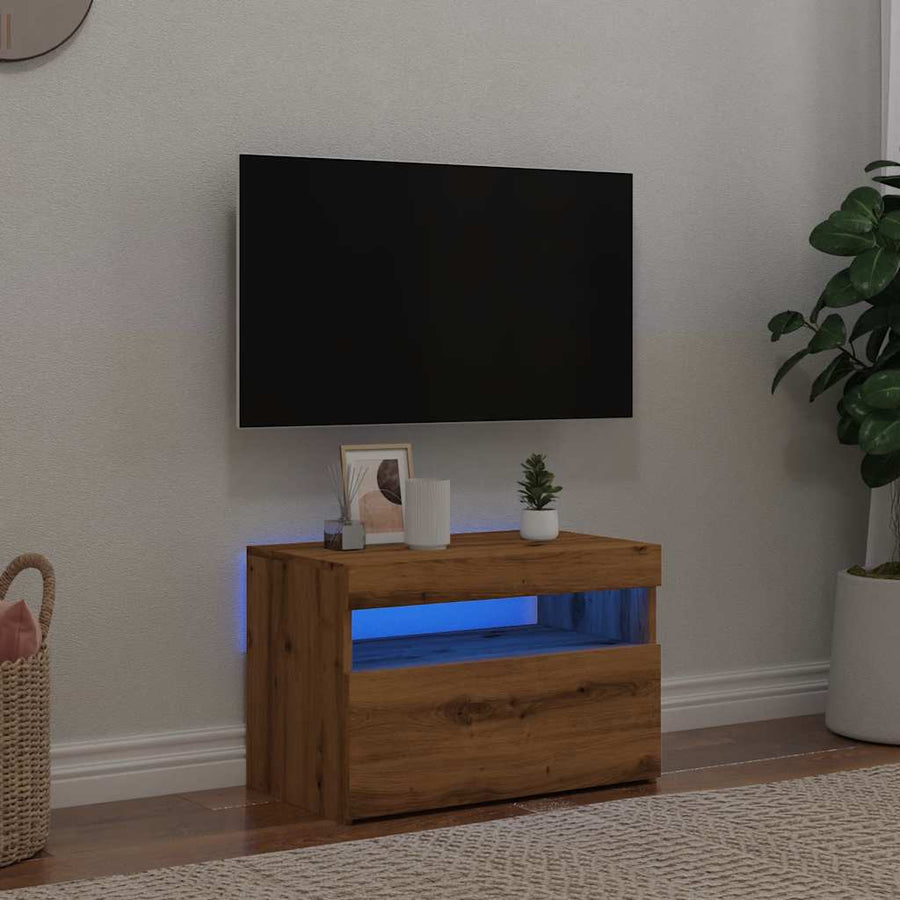 Tv-meubel met LED 60x35x40 cm bewerkt hout artisanaal eiken