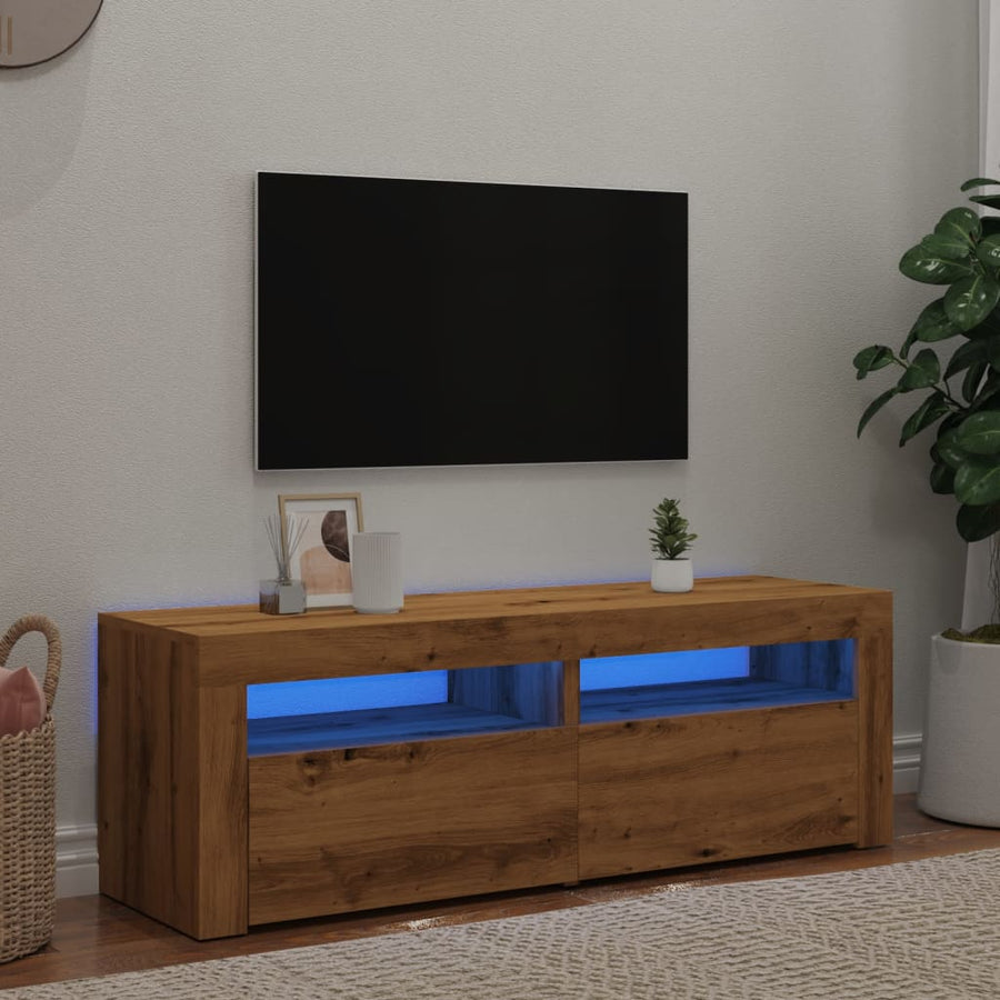 Tv-meubel met LED 120x35x40 cm bewerkt hout artisanaal eiken