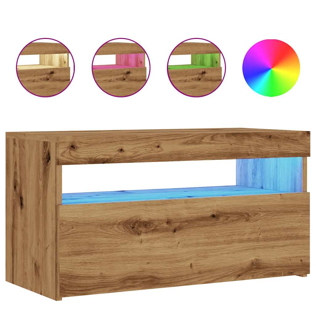 Tv-meubel met LED 75x35x40 cm bewerkt hout artisanaal eiken
