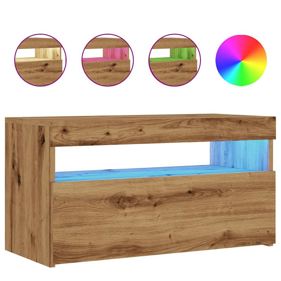 Tv-meubel met LED 75x35x40 cm bewerkt hout artisanaal eiken