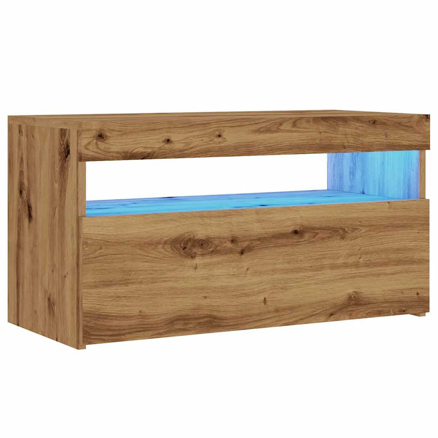 Tv-meubel met LED 75x35x40 cm bewerkt hout artisanaal eiken