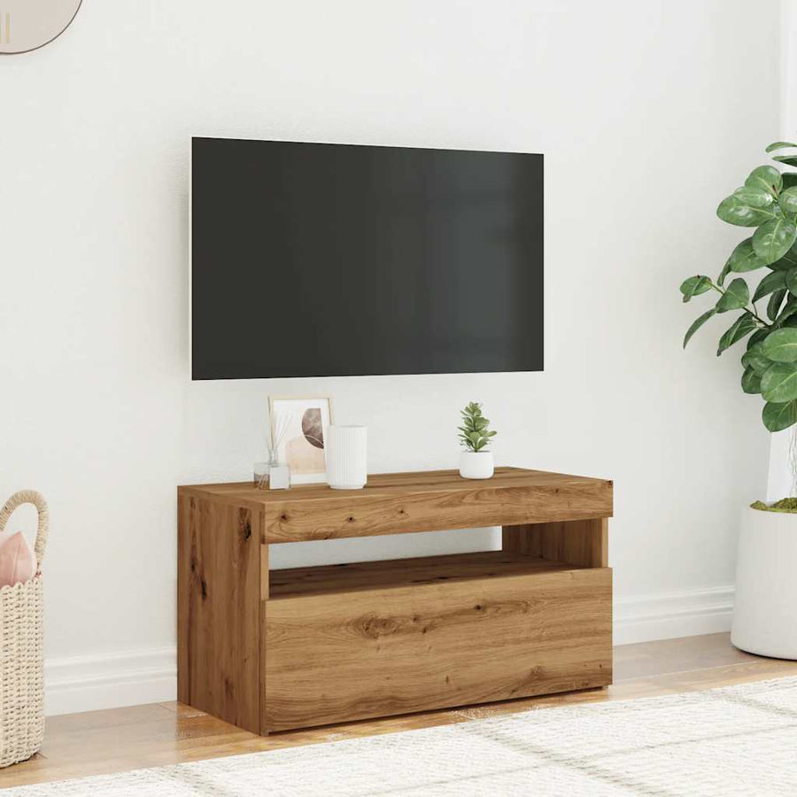 Tv-meubel met LED 75x35x40 cm bewerkt hout artisanaal eiken