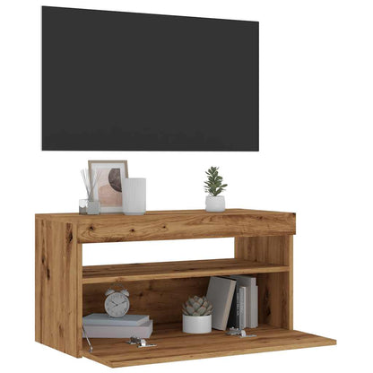 Tv-meubel met LED 75x35x40 cm bewerkt hout artisanaal eiken