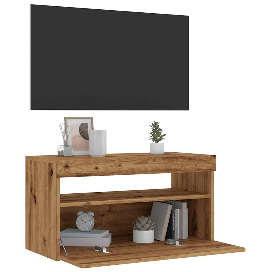 Tv-meubel met LED 75x35x40 cm bewerkt hout artisanaal eiken