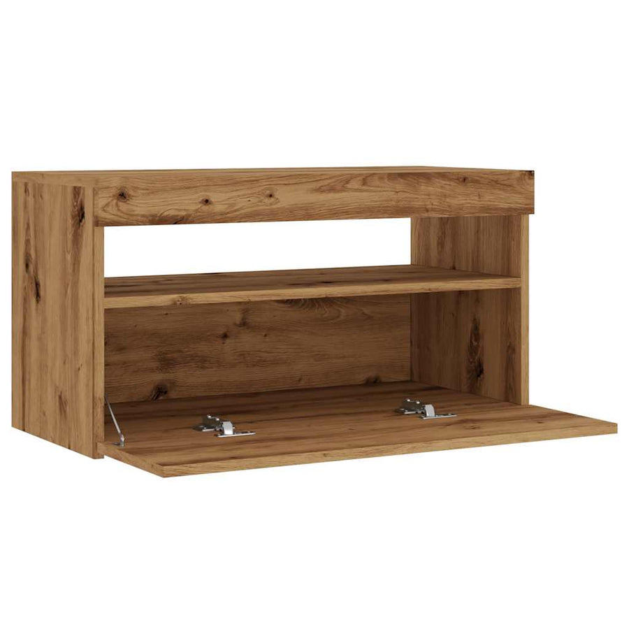 Tv-meubel met LED 75x35x40 cm bewerkt hout artisanaal eiken