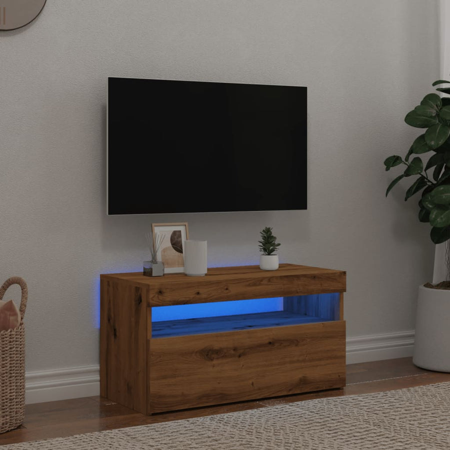 Tv-meubel met LED 75x35x40 cm bewerkt hout artisanaal eiken