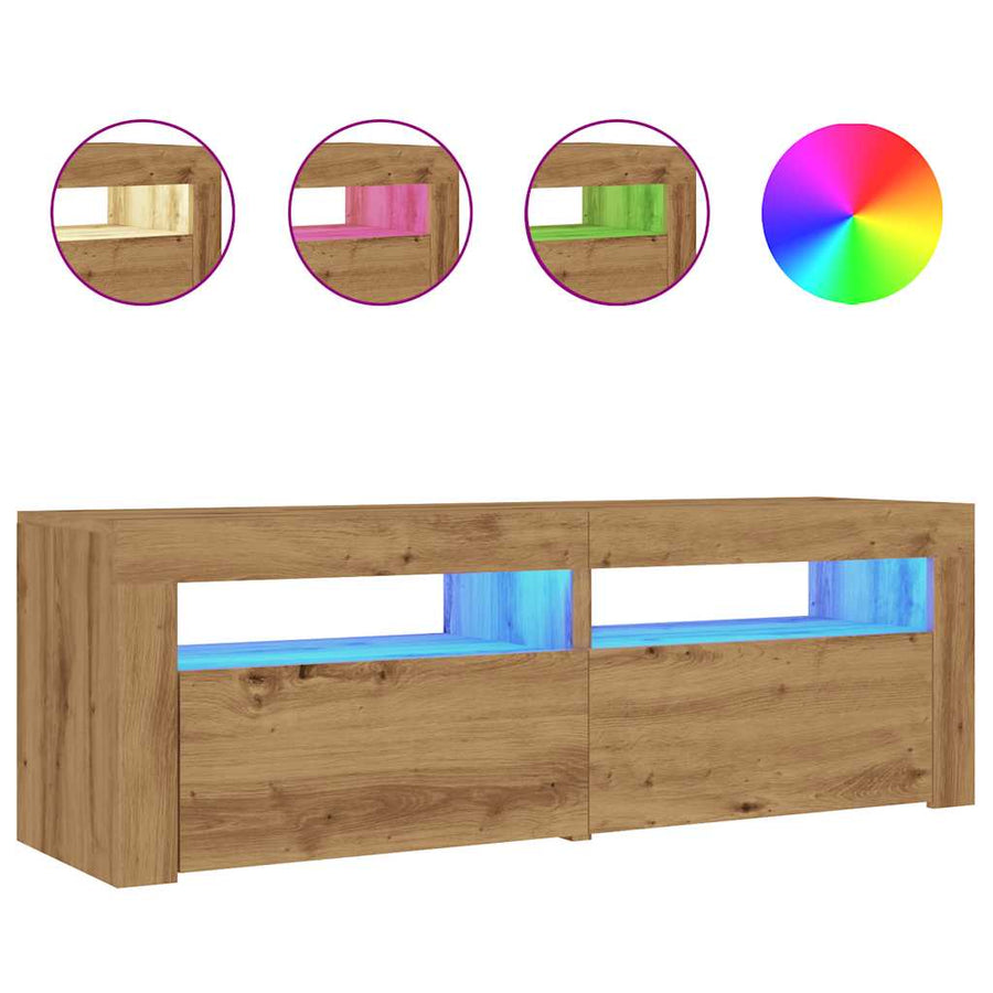 Tv-meubel met LED 120x35x40 cm bewerkt hout artisanaal eiken