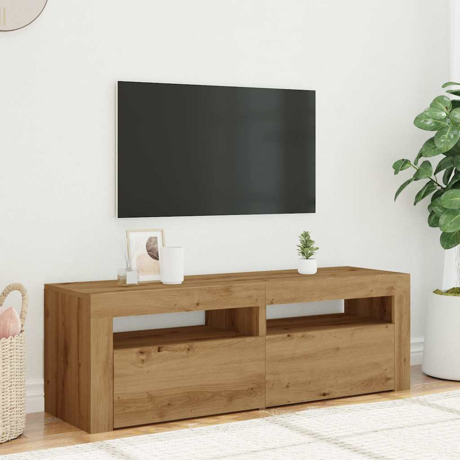 Tv-meubel met LED 120x35x40 cm bewerkt hout artisanaal eiken