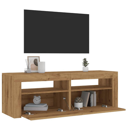 Tv-meubel met LED 120x35x40 cm bewerkt hout artisanaal eiken