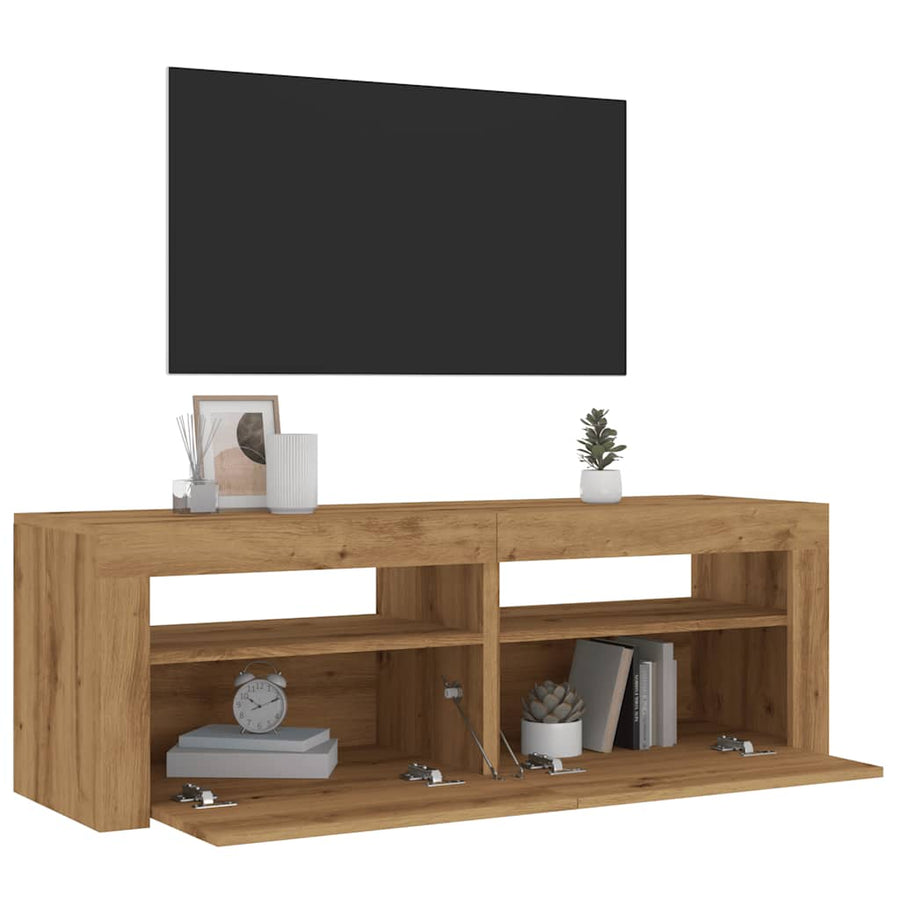 Tv-meubel met LED 120x35x40 cm bewerkt hout artisanaal eiken