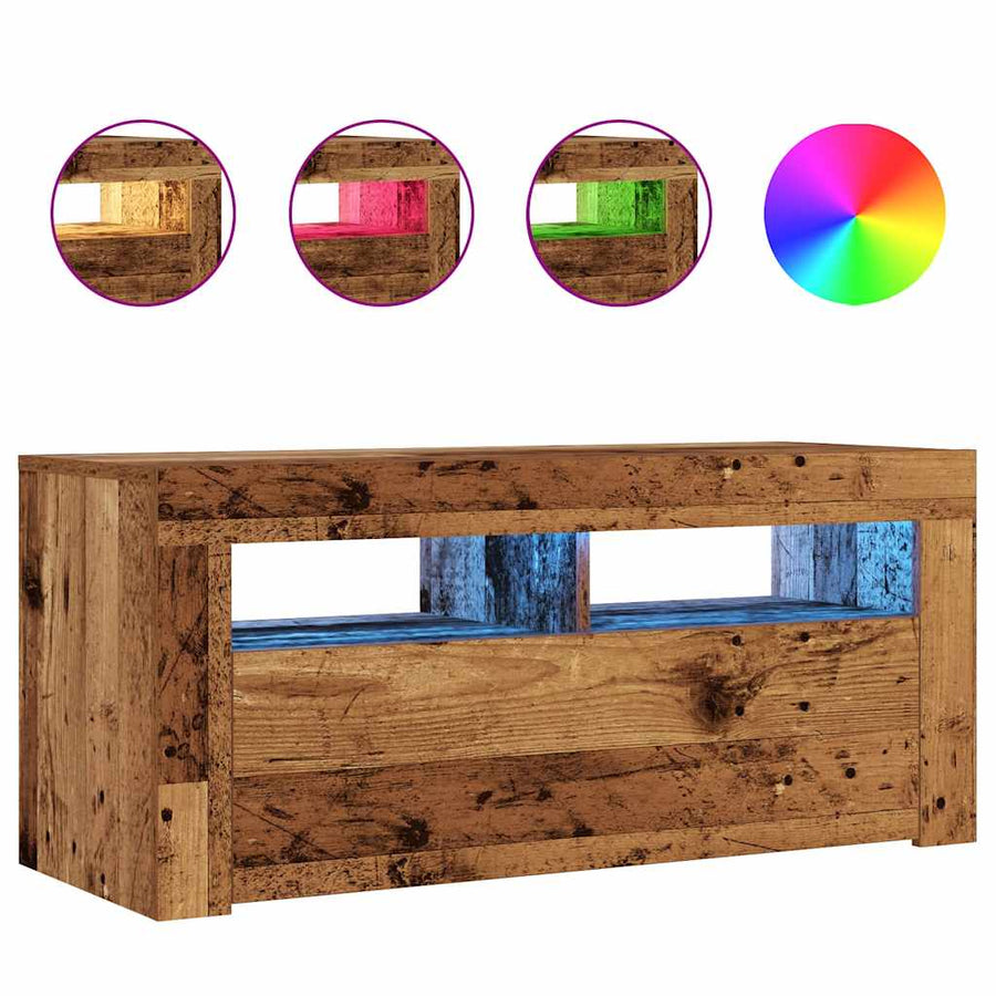 Tv-meubel met LED 90x35x40 cm bewerkt hout oud hout