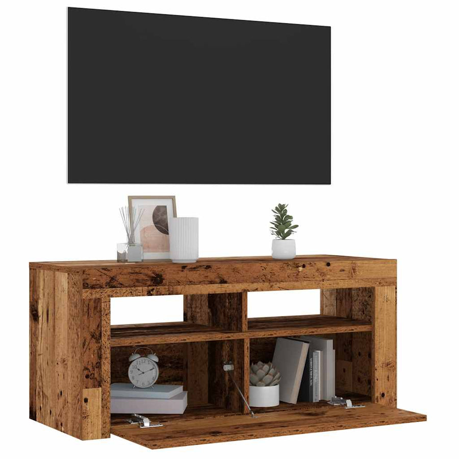Tv-meubel met LED 90x35x40 cm bewerkt hout oud hout