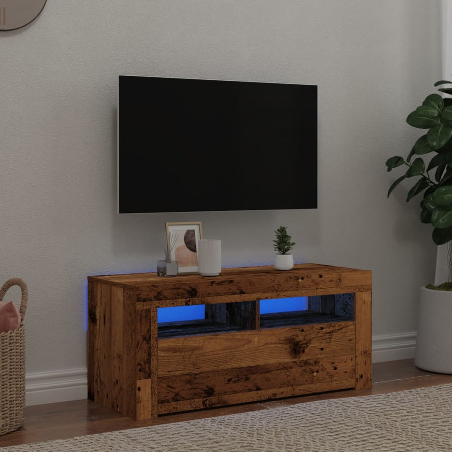 Tv-meubel met LED 90x35x40 cm bewerkt hout oud hout