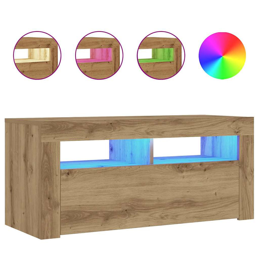 Tv-meubel met LED 90x35x40 cm bewerkt hout artisanaal eiken