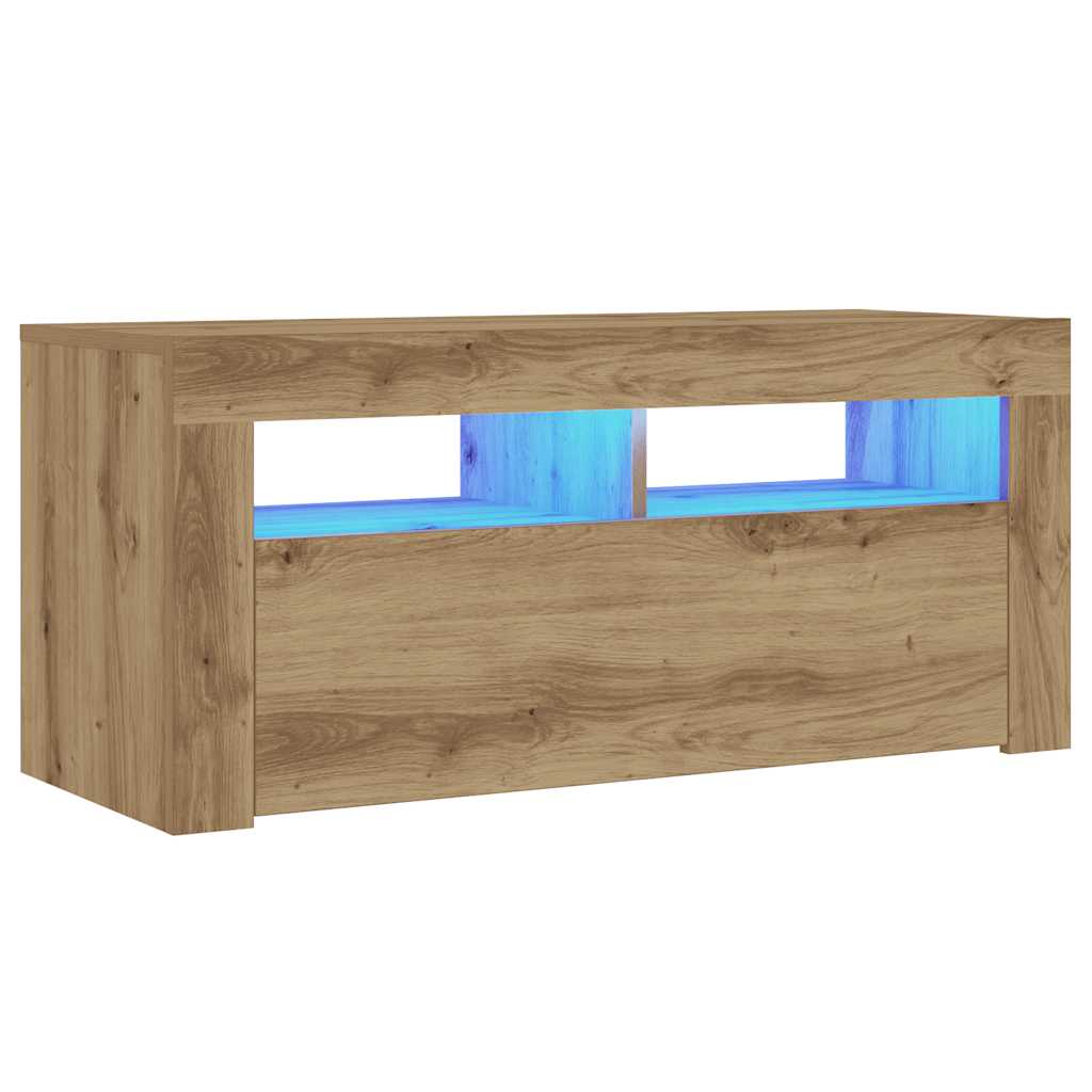 Tv-meubel met LED 90x35x40 cm bewerkt hout artisanaal eiken