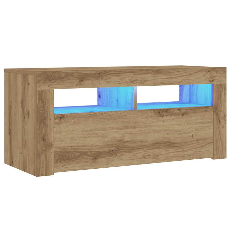 Tv-meubel met LED 90x35x40 cm bewerkt hout artisanaal eiken