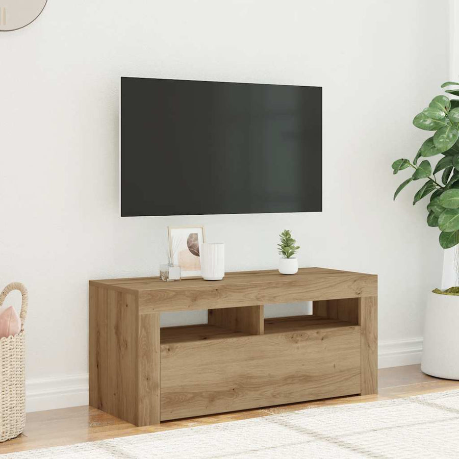 Tv-meubel met LED 90x35x40 cm bewerkt hout artisanaal eiken