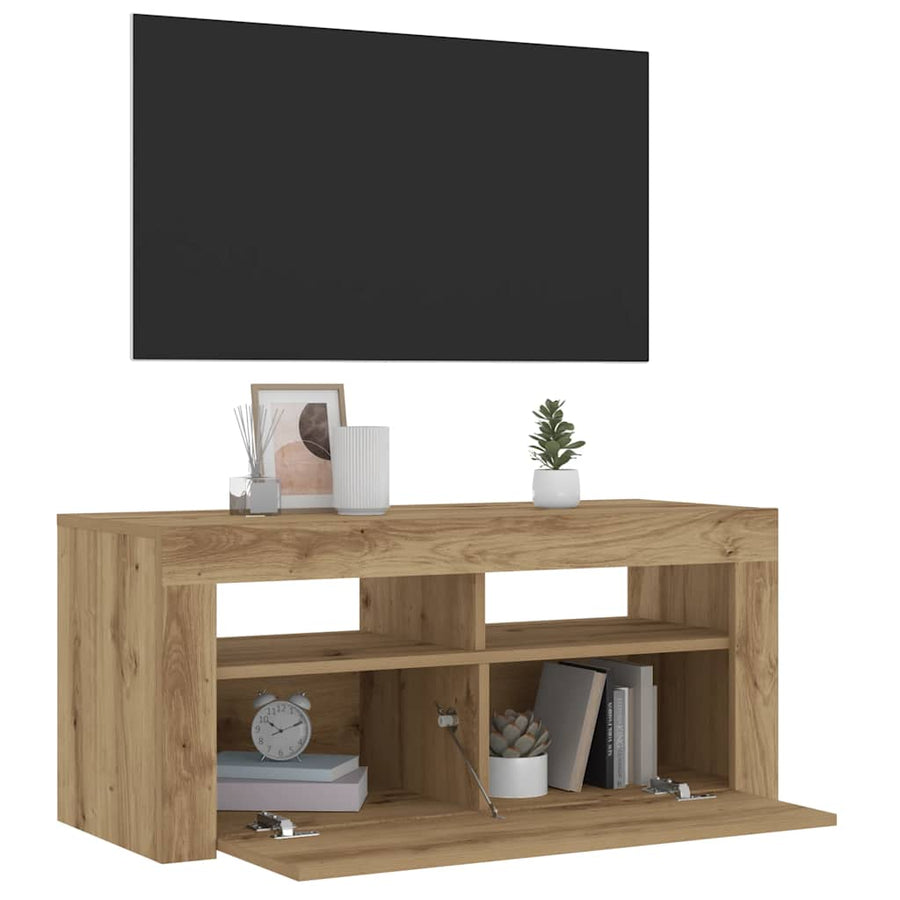 Tv-meubel met LED 90x35x40 cm bewerkt hout artisanaal eiken
