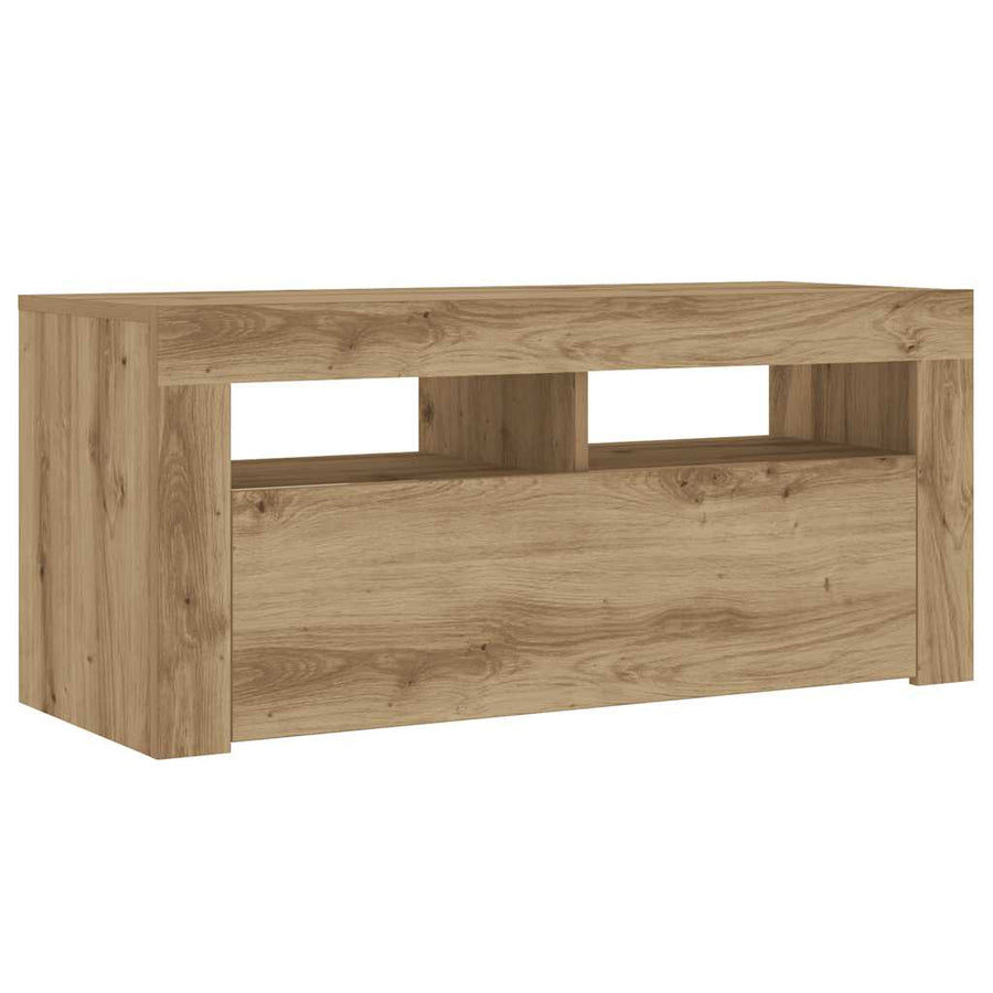 Tv-meubel met LED 90x35x40 cm bewerkt hout artisanaal eiken