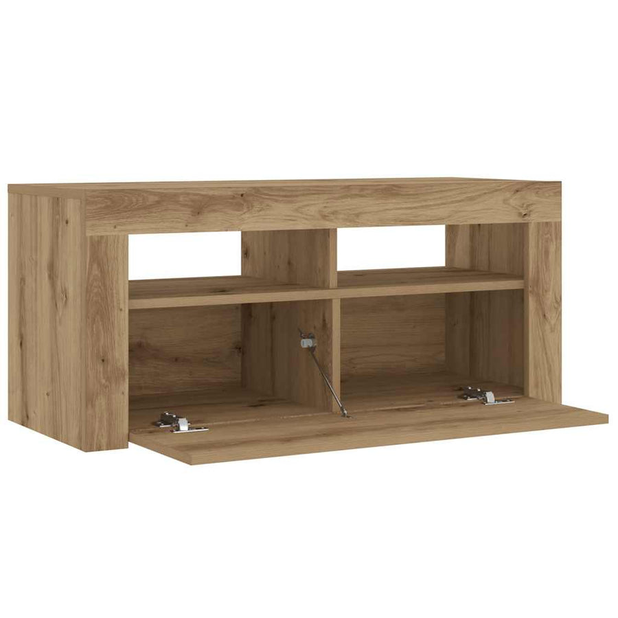 Tv-meubel met LED 90x35x40 cm bewerkt hout artisanaal eiken