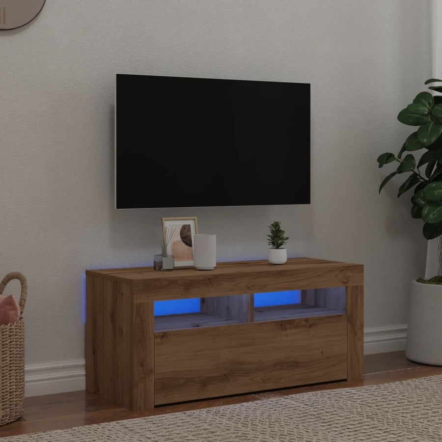 Tv-meubel met LED 90x35x40 cm bewerkt hout artisanaal eiken