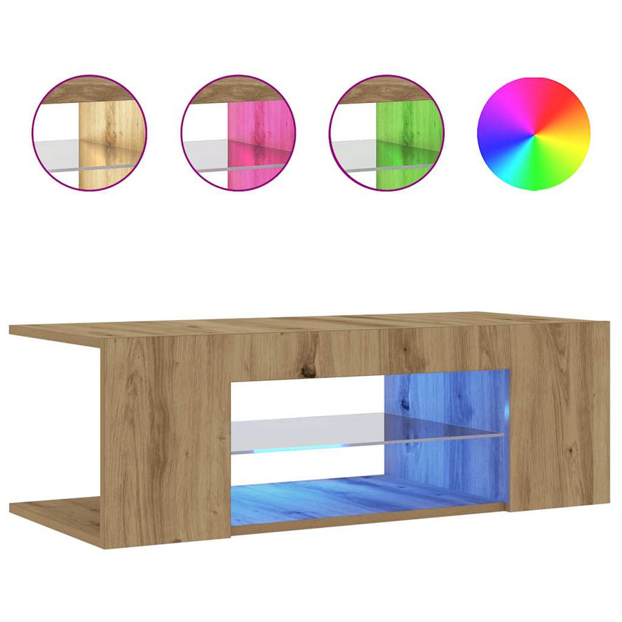 Tv-meubel met LED 90x39x30 cm bewerkt hout artisanaal eiken