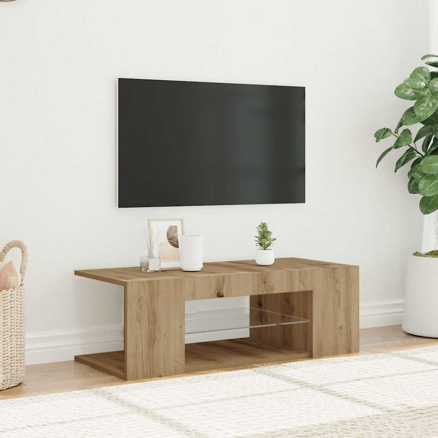 Tv-meubel met LED 90x39x30 cm bewerkt hout artisanaal eiken