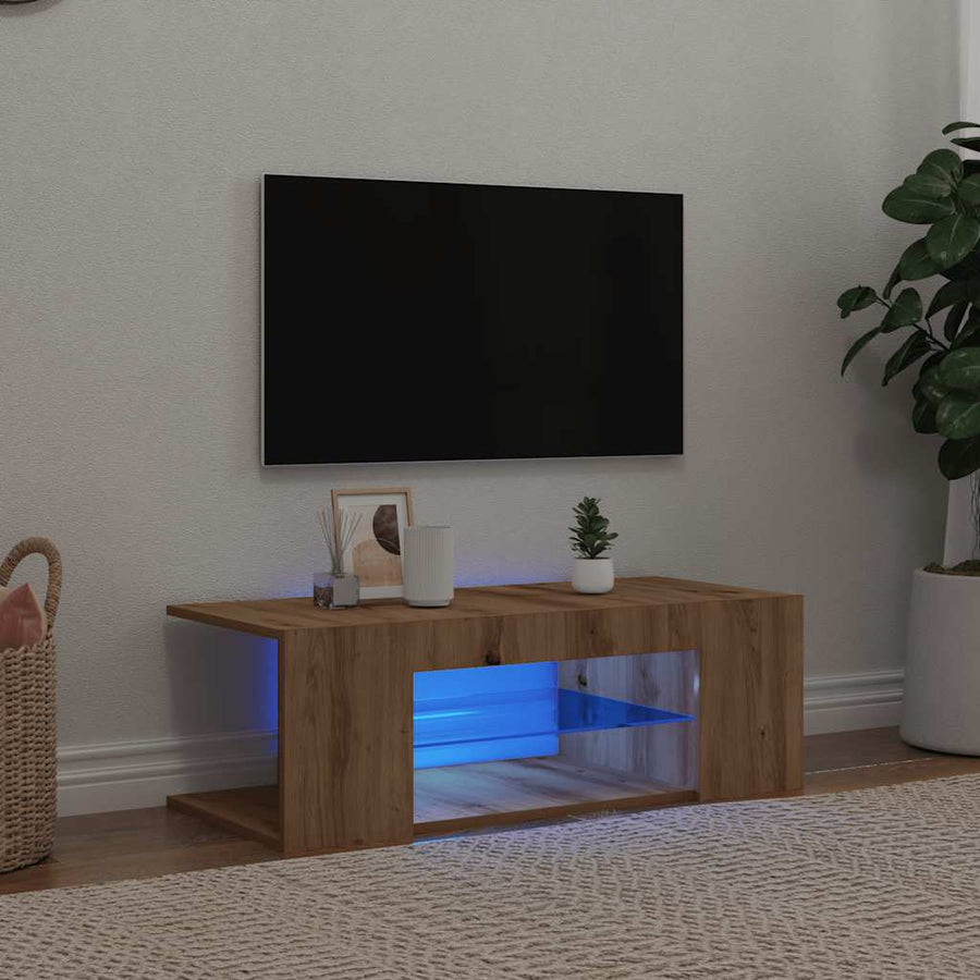 Tv-meubel met LED 90x39x30 cm bewerkt hout artisanaal eiken