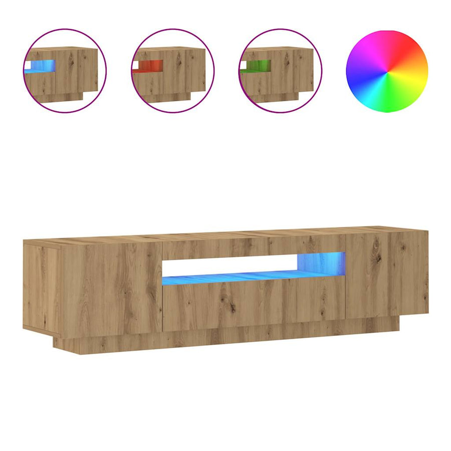 Tv-meubel met LED 160x35x40 cm bewerkt hout artisanaal eiken