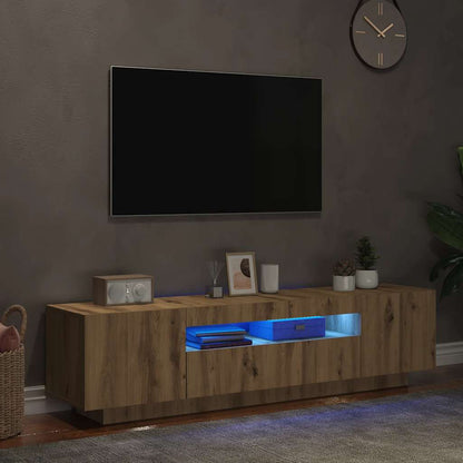 Tv-meubel met LED 160x35x40 cm bewerkt hout artisanaal eiken