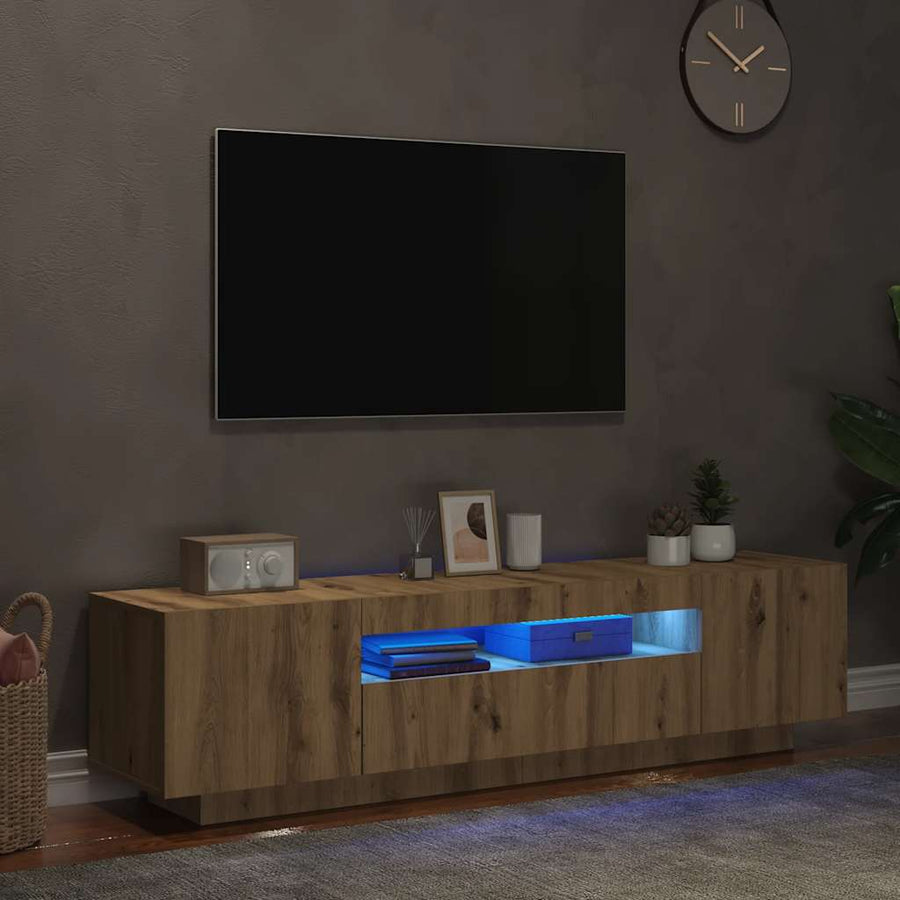 Tv-meubel met LED 160x35x40 cm bewerkt hout artisanaal eiken