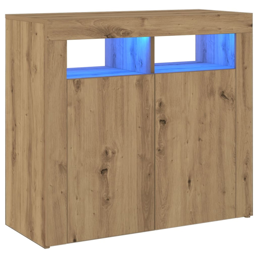 Dressoir met LED 80x35x75 cm bewerkt hout artisanaal eiken