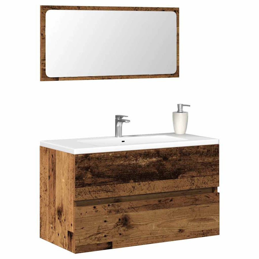 Badkamerkast met spiegel bewerkt hout oud houtkleurig