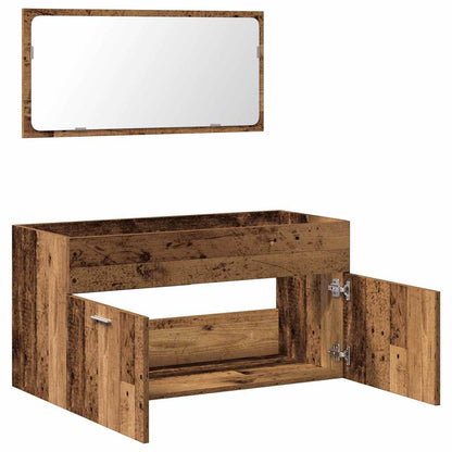Badkamerkast met spiegel bewerkt hout oud houtkleurig