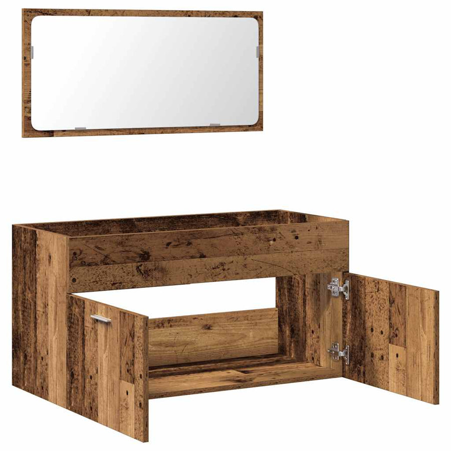 Badkamerkast met spiegel bewerkt hout oud houtkleurig
